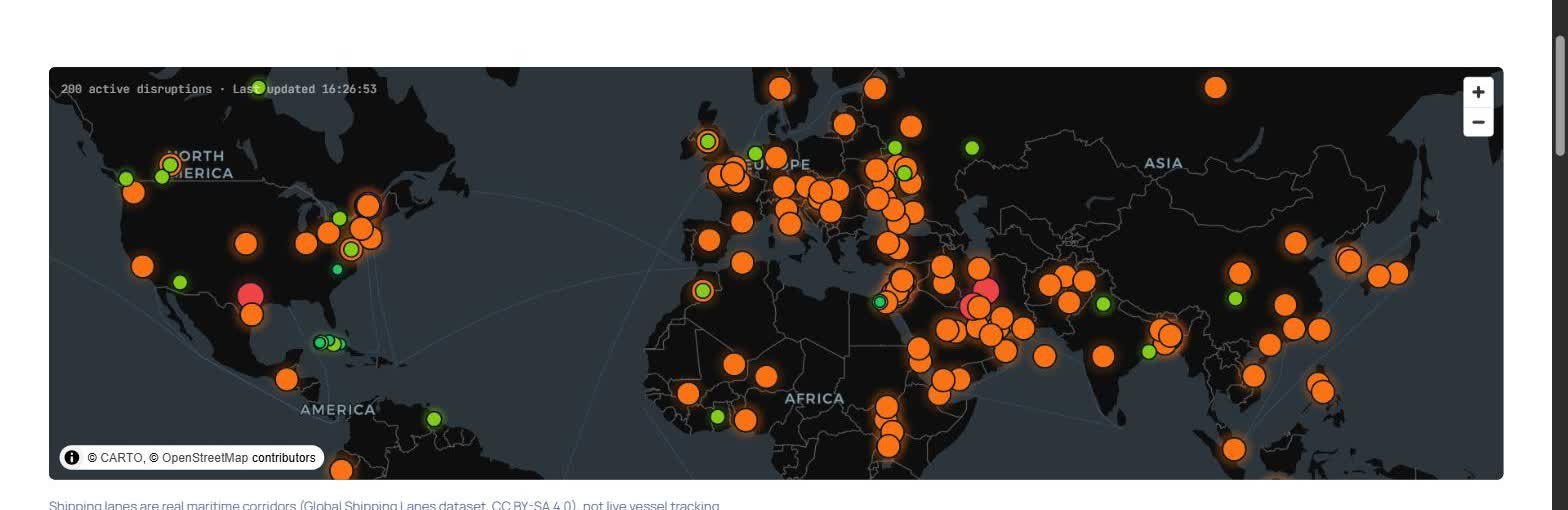 The live global disruption map, showing real-time supply chain incidents plotted worldwide